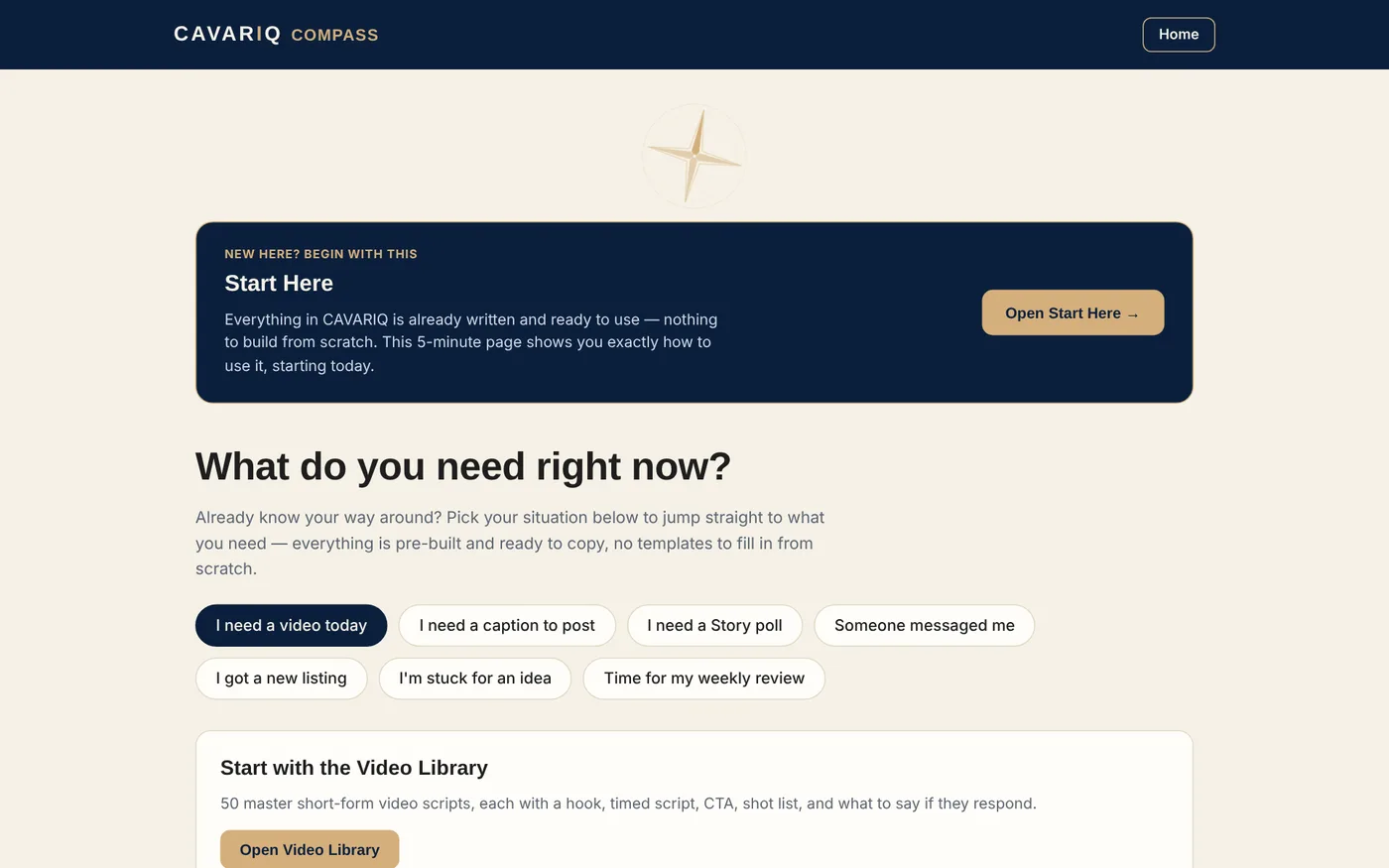 The dashboard: pick what you need right now.